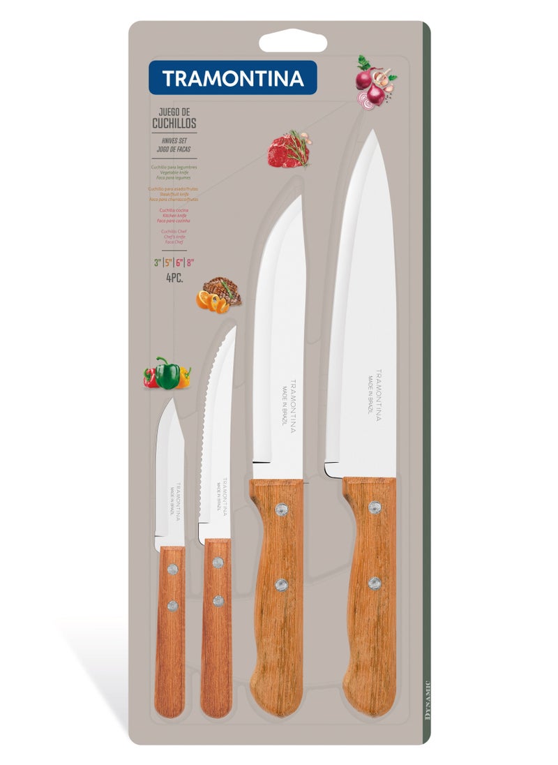 TRAMONTINA - Since 1911,Made in Brazil- Dynamic 4 Pieces Knife Set with Stainless Steel Blade and Natural Wood Handle - Image 1