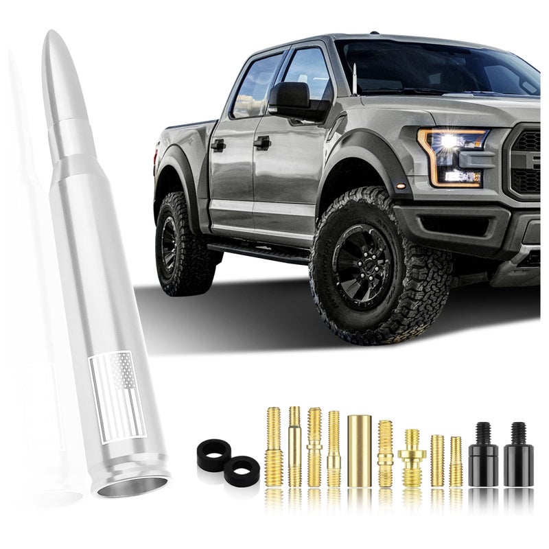 Turcee Car Bullet Antenna,Truck Exterior Decoration Accessories Car Vehicle Replacement Antenna Conpatible with Ford F150 RAM 1500 GMC Heavy Duty Pickup Trucks Accessories (New Upgrade Silver-U.S. Flag)â€¦ - Image 1