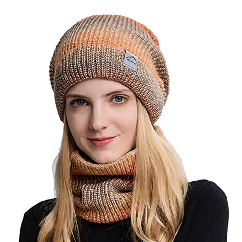 PALAY® Winter Cap for Women, Fleece Lined Women's Beanie Cap Hat with Neck Scarf, Knitted Warm Winter Hat Neck Warmer Scarf Mask Set (orange) - Image 1