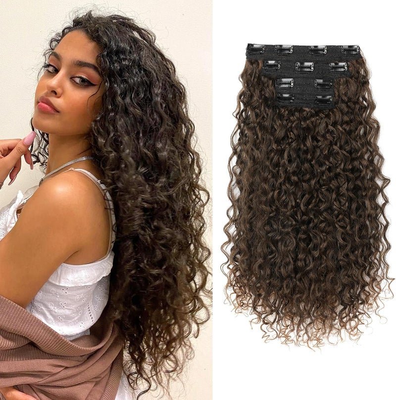 Clip in Hair Extensions FLUFYMOOZ 4PC 100 Pure Protein Silk Hair Extensions Long Soft Natural Hairpiece 20 Inch Curly Hair Extension for Women Dark Almond brown with copper