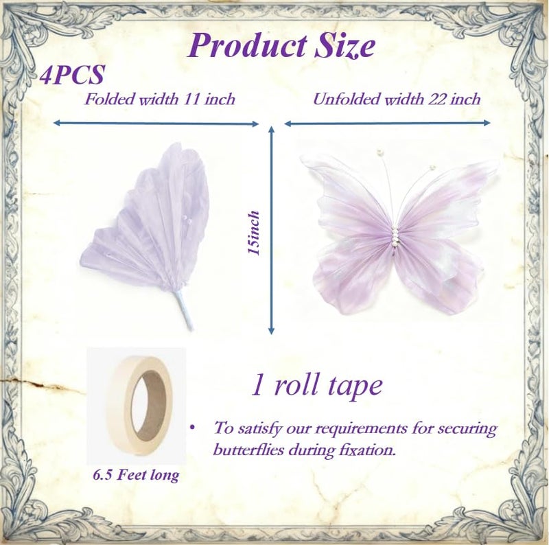 LCREATE LCREATE LCREATE 4 PCS Giant Artificial Butterfly Party Decorations 19.6inch 3D Silk Butterfly Hanging Wall Decorations for Baby Shower Decor Girls Women Birthday Party Wedding Homes Supplies (Purple(4PCS)) - Image 2