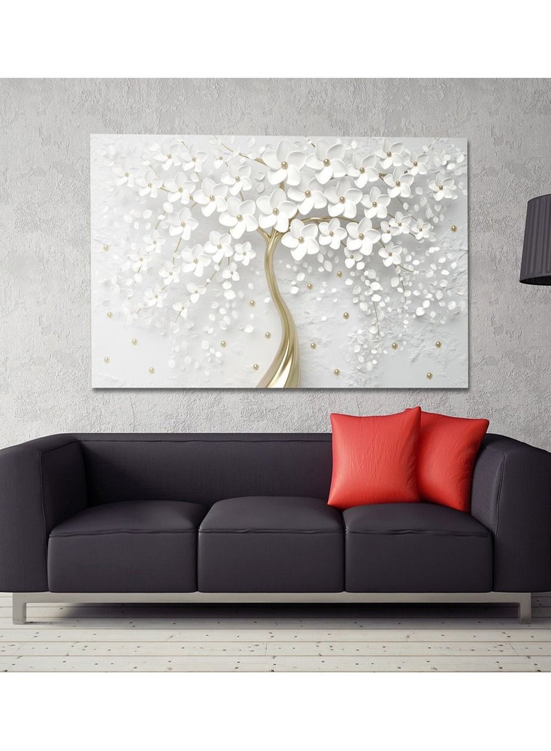 مودكلاس لوحه فنيه جداريه بخامة كانفس  بتصميم  لشجره ورود بيضاء متفتحه ذو فرع ذهبي لامع متمايل - Image 1