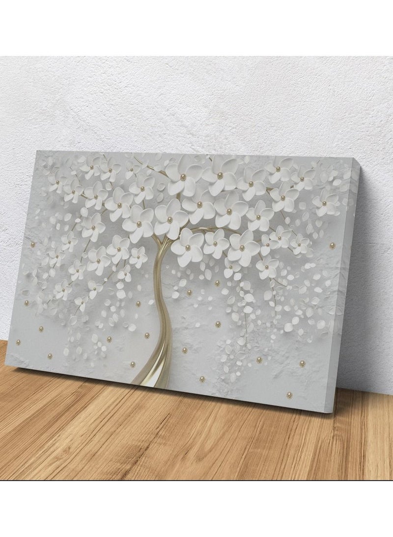 مودكلاس لوحه فنيه جداريه بخامة كانفس  بتصميم  لشجره ورود بيضاء متفتحه ذو فرع ذهبي لامع متمايل - Image 2