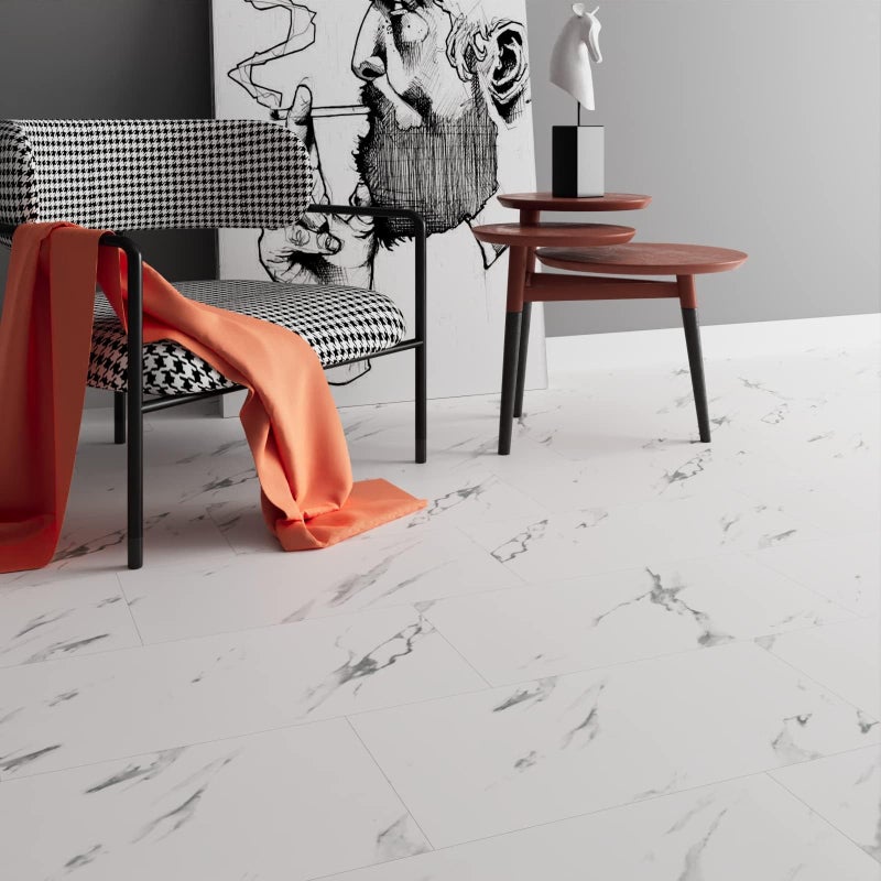 Stickyart Carrara Marble Floor Tile Vinyl Flooring Tiles Peel and Stick Floor Bathroom Waterproof 12"x24" White Marble Vinyl Flooring Tile for Bedroom Kitchen RV Self Adhesive Stick on Wall Tiles 4pcs - Image 2