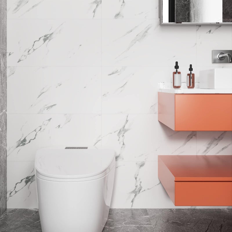 Stickyart Carrara Marble Floor Tile Vinyl Flooring Tiles Peel and Stick Floor Bathroom Waterproof 12"x24" White Marble Vinyl Flooring Tile for Bedroom Kitchen RV Self Adhesive Stick on Wall Tiles 4pcs - Image 5