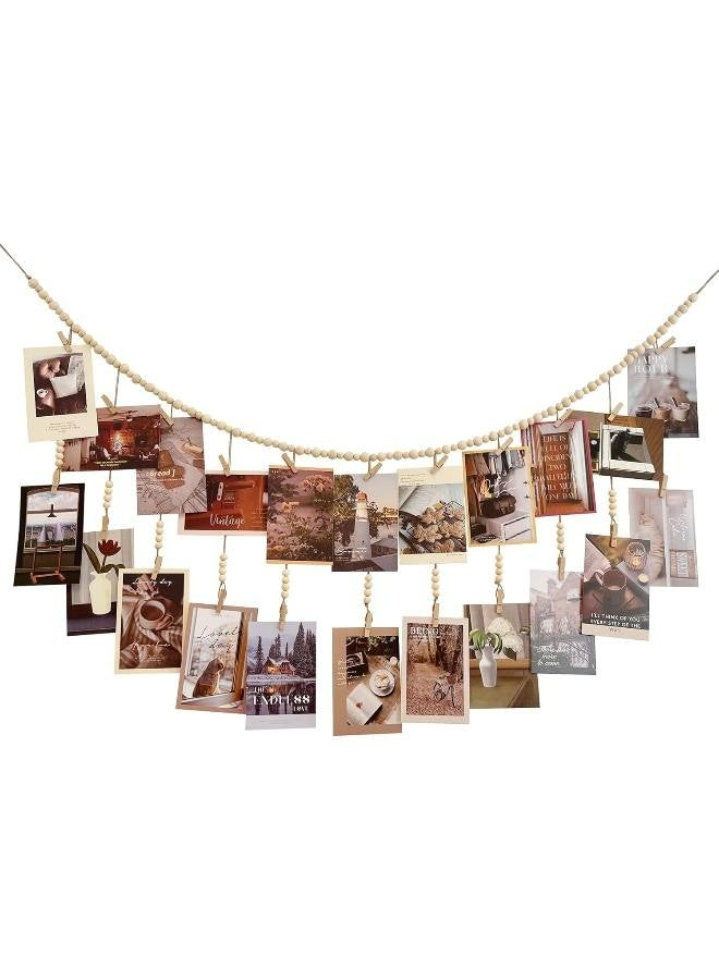 عرض صور معلق مع 18 مشبكًا، إكليل من الخرز الخشبي، إطار صور مجمعة على طراز بوهو للديكور في المساكن والفصول الدراسية وغرف النوم - Image 1