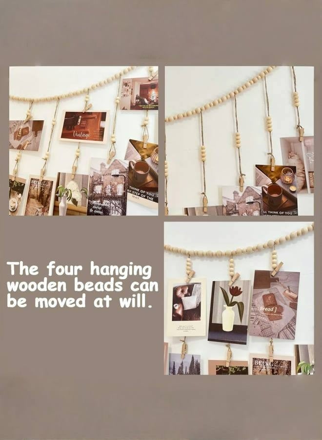 عرض صور معلق مع 18 مشبكًا، إكليل من الخرز الخشبي، إطار صور مجمعة على طراز بوهو للديكور في المساكن والفصول الدراسية وغرف النوم - Image 4
