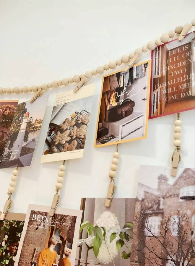 عرض صور معلق مع 18 مشبكًا، إكليل من الخرز الخشبي، إطار صور مجمعة على طراز بوهو للديكور في المساكن والفصول الدراسية وغرف النوم - Image 3