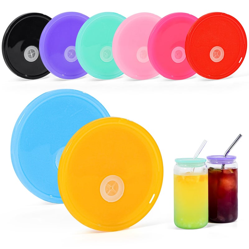 FECBK 8 Pcs Acrylic Lids for 16 oz Glass Cups Plastic Tumbler Replacement Lids Spill Proof Reusable Glass Cup Lid for Beer Can Iced Coffee Cups Drinking Glasses MultiColored
