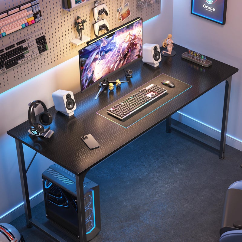 Huuger Computer Desk, 55 Inch Home Office Desk, Gaming Writing Work from Home Study Desk, Large Legroom, Sturdy Metal Frame, Modern Simple, Black - Image 3