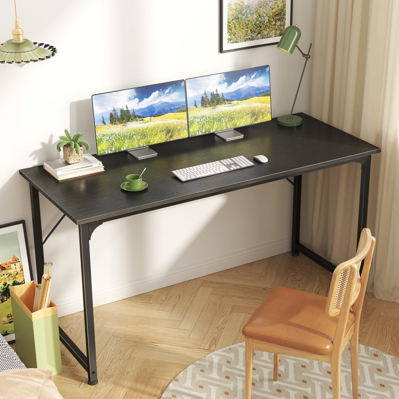 Huuger Computer Desk, 55 Inch Home Office Desk, Gaming Writing Work from Home Study Desk, Large Legroom, Sturdy Metal Frame, Modern Simple, Black - Image 2