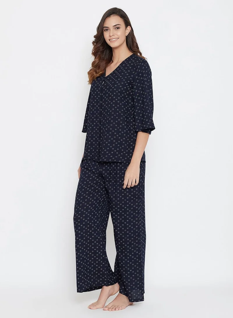 كلوفيا Clovia Print Me Pretty Button Down Top and Flared Pjyama in Navy - Rayon