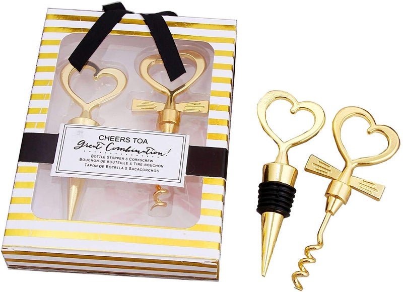 House of Queens Couple Theme Multi functional Wing Corkscrew Bottle Opener for All Cork Stoppered and Bottle Stopper for Collection Saver Sealer Set Wedding Flavor Birthday Party Gift for guest ( Gold ) - Image 1