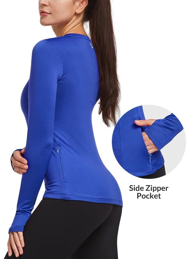 Baleaf Thermal Shirts for Women Long Sleeve Fleece Tops Running Workout Cold Weather Gear Compression Zipper Pocket, Navy, M - Image 2