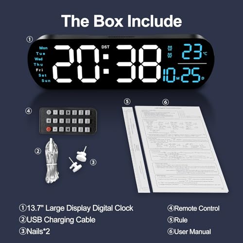 YUANRANER Plastic 13.7" Digital Wall Clock Large Display with Remote Control,Dual Alarm,Auto-Dimming,Big Digits, DST Clock for Bedroom Living Room Decor with 9 Adjustable Ambient Night Lights-Blue - Image 5