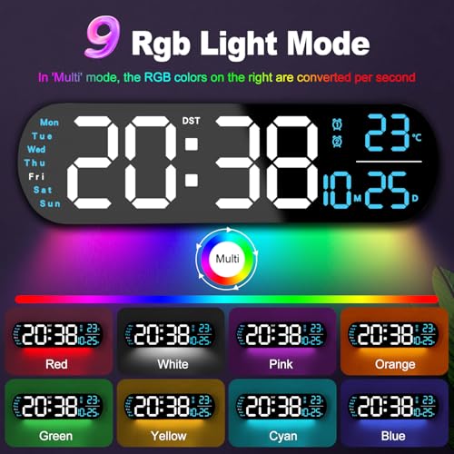 YUANRANER Plastic 13.7" Digital Wall Clock Large Display with Remote Control,Dual Alarm,Auto-Dimming,Big Digits, DST Clock for Bedroom Living Room Decor with 9 Adjustable Ambient Night Lights-Blue - Image 3
