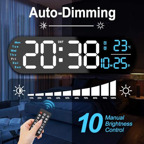 YUANRANER Plastic 13.7" Digital Wall Clock Large Display with Remote Control,Dual Alarm,Auto-Dimming,Big Digits, DST Clock for Bedroom Living Room Decor with 9 Adjustable Ambient Night Lights-Blue - Image 4