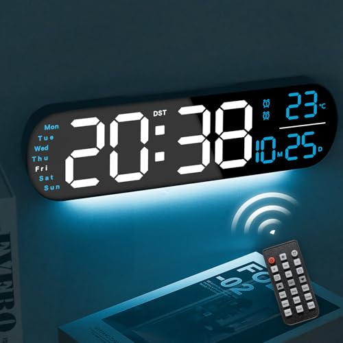 YUANRANER Plastic 13.7" Digital Wall Clock Large Display with Remote Control,Dual Alarm,Auto-Dimming,Big Digits, DST Clock for Bedroom Living Room Decor with 9 Adjustable Ambient Night Lights-Blue - Image 1
