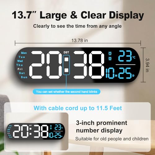 YUANRANER Plastic 13.7" Digital Wall Clock Large Display with Remote Control,Dual Alarm,Auto-Dimming,Big Digits, DST Clock for Bedroom Living Room Decor with 9 Adjustable Ambient Night Lights-Blue - Image 2