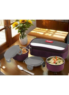 Nabhya Nabhya Stainless Steel & Plastic Insulated Lunch Box with 2 Leak-Proof Containers 300ml Each, with Spoon & Jacket 2 Containers Lunch Box (Purple)  - Image 2