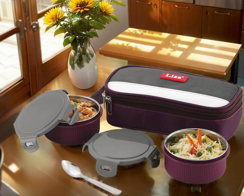 Nabhya Stainless Steel & Plastic Insulated Lunch Box with 2 Leak-Proof Containers 300ml Each, with Spoon & Jacket 2 Containers Lunch Box (Purple) - Image 2