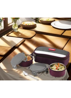Nabhya Nabhya Stainless Steel & Plastic Insulated Lunch Box with 2 Leak-Proof Containers 300ml Each, with Spoon & Jacket 2 Containers Lunch Box (Purple)  - Image 3