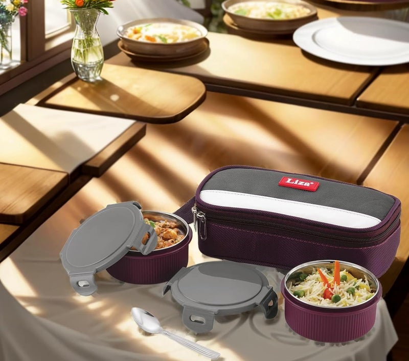 Nabhya Stainless Steel & Plastic Insulated Lunch Box with 2 Leak-Proof Containers 300ml Each, with Spoon & Jacket 2 Containers Lunch Box (Purple) - Image 3