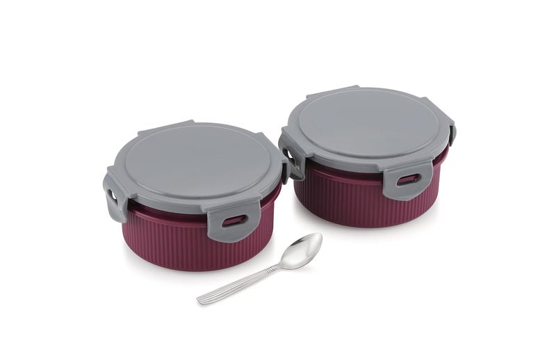 Nabhya Stainless Steel & Plastic Insulated Lunch Box with 2 Leak-Proof Containers 300ml Each, with Spoon & Jacket 2 Containers Lunch Box (Purple) - Image 4