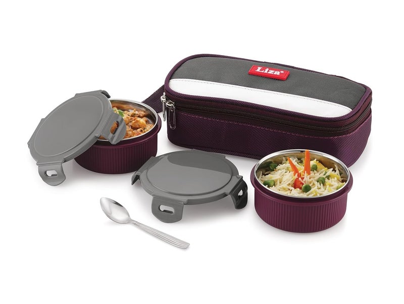 Nabhya Stainless Steel & Plastic Insulated Lunch Box with 2 Leak-Proof Containers 300ml Each, with Spoon & Jacket 2 Containers Lunch Box (Purple) - Image 1