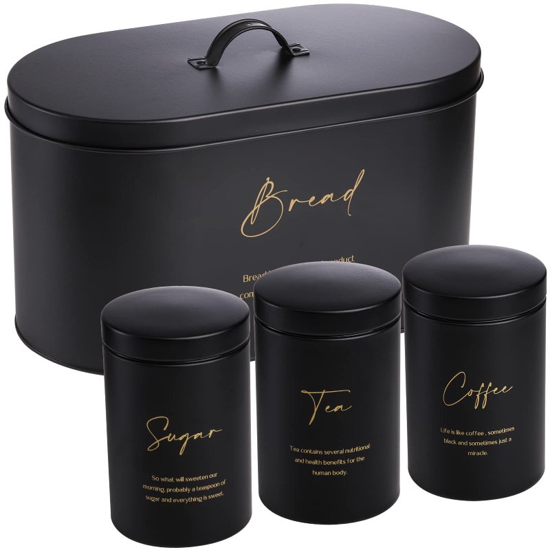 Hacaroa Set of 4 Bread Box and Canister Set for Kitchen Countertop Metal Bread Bin Sugar Tea Coffee Storage Canister with Lid Biscuit Tin Set for Loaf Pastry Dry Food Black