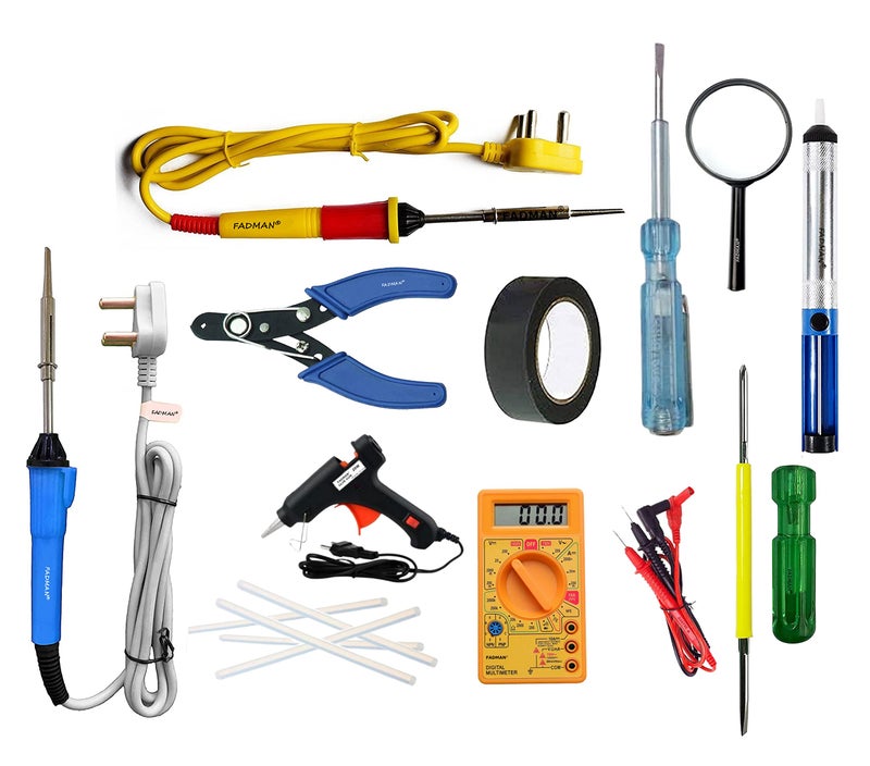 FADMAN KIT OF | Soldering Iron 25 W Simple - 2 | Cutter | Tape | Tester | Magnifying Glass | Desolder Pump | ScrewDriver | Multimeter | 20 W Black Glue Gun & 5 Sticks (7mm) | (Yellow+Red) (Blue+Grey) - Image 5