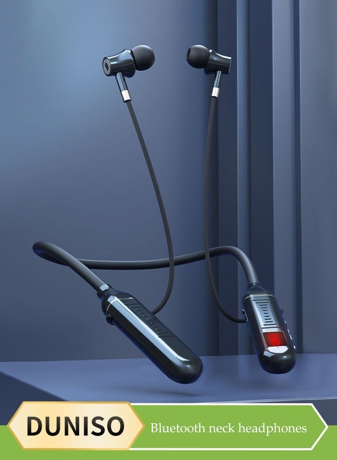 DUNISO Neck Bluetooth earphones, sports in ear earphones, intelligent noise cancelling earphones, waterproof and sweat proof, magnetic design, battery display, suitable for running, exercising and cycling, black  - Image 1