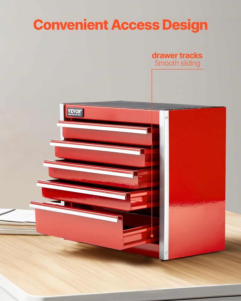 VEVOR Metal Tool Box, 8.6-inch, Portable Metal Tool Box with 5 Drawers, Small Tool Chest with EVA Liners and PP Feet Pads, Heavy-Duty Steel With Ball Bearing Opening and Powder Coated Finish, Red - Image 4