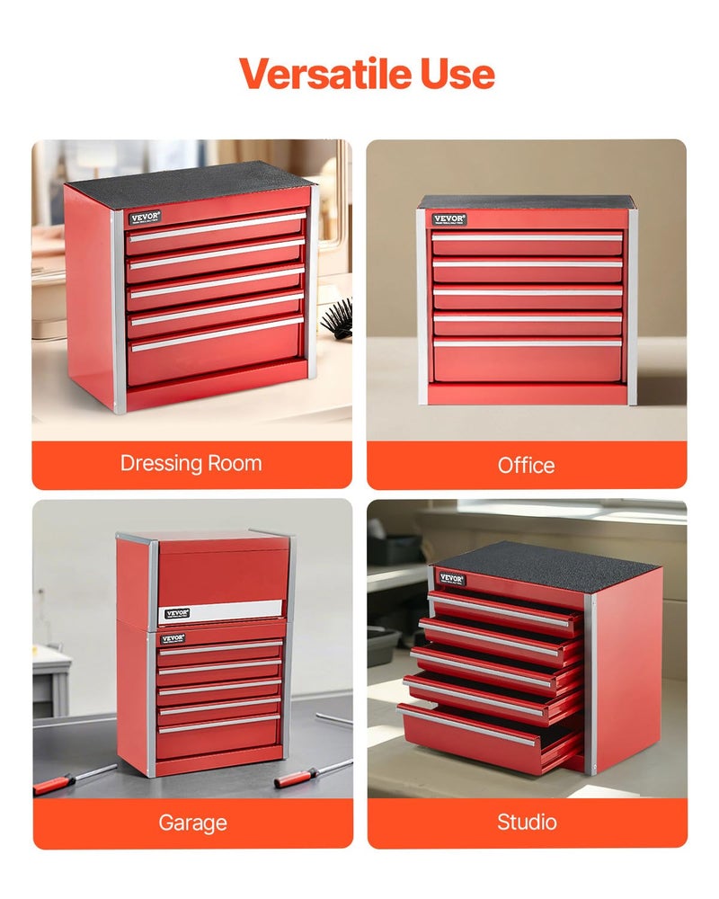 VEVOR Metal Tool Box, 8.6-inch, Portable Metal Tool Box with 5 Drawers, Small Tool Chest with EVA Liners and PP Feet Pads, Heavy-Duty Steel With Ball Bearing Opening and Powder Coated Finish, Red - Image 5