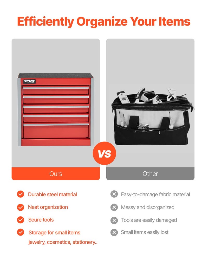 VEVOR Metal Tool Box, 8.6-inch, Portable Metal Tool Box with 5 Drawers, Small Tool Chest with EVA Liners and PP Feet Pads, Heavy-Duty Steel With Ball Bearing Opening and Powder Coated Finish, Red - Image 3