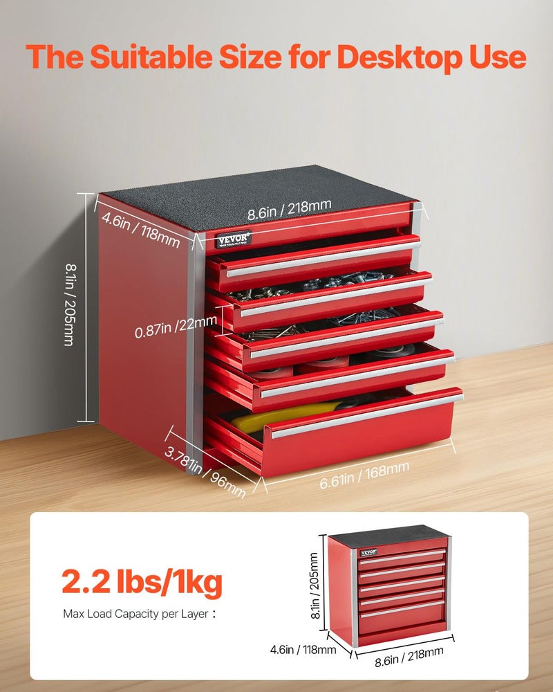 VEVOR Metal Tool Box, 8.6-inch, Portable Metal Tool Box with 5 Drawers, Small Tool Chest with EVA Liners and PP Feet Pads, Heavy-Duty Steel With Ball Bearing Opening and Powder Coated Finish, Red - Image 2