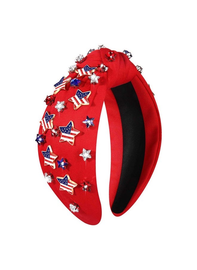 YAHPERN - American Headbands For Women 4Th Of July Hair Accessories Embellished Star Knotted Headband Jeweled Crystal Wide Top Knot Headband Independence Day Patriotic Outfits Party Favors (Star 1) - Image 1