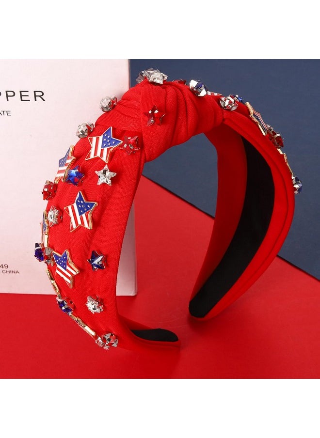 YAHPERN - American Headbands For Women 4Th Of July Hair Accessories Embellished Star Knotted Headband Jeweled Crystal Wide Top Knot Headband Independence Day Patriotic Outfits Party Favors (Star 1) - Image 1