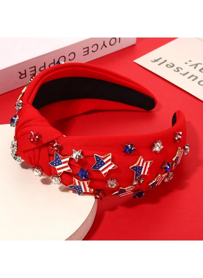 YAHPERN - American Headbands For Women 4Th Of July Hair Accessories Embellished Star Knotted Headband Jeweled Crystal Wide Top Knot Headband Independence Day Patriotic Outfits Party Favors (Star 1) - Image 1