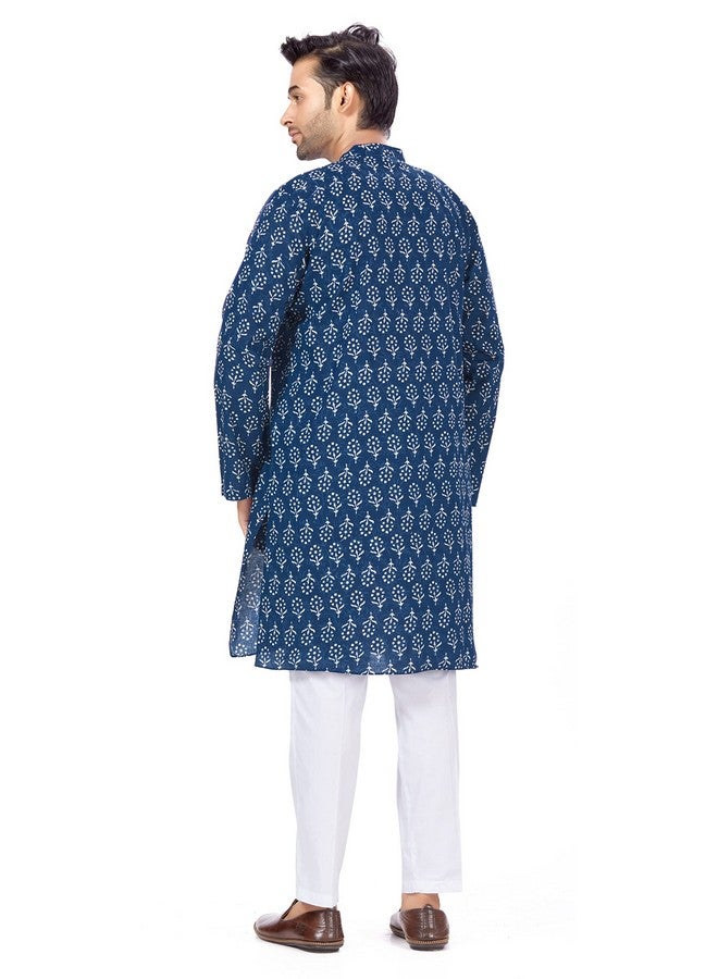 Studio Shringaar Men's Cotton Relaxed Fit Block Printed Knee Length Kurta(M121, Indigo Blue_Large) - Image 3