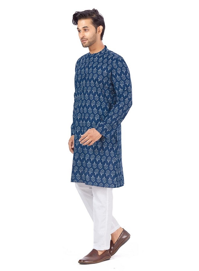Studio Shringaar Men's Cotton Relaxed Fit Block Printed Knee Length Kurta(M121, Indigo Blue_Large) - Image 2