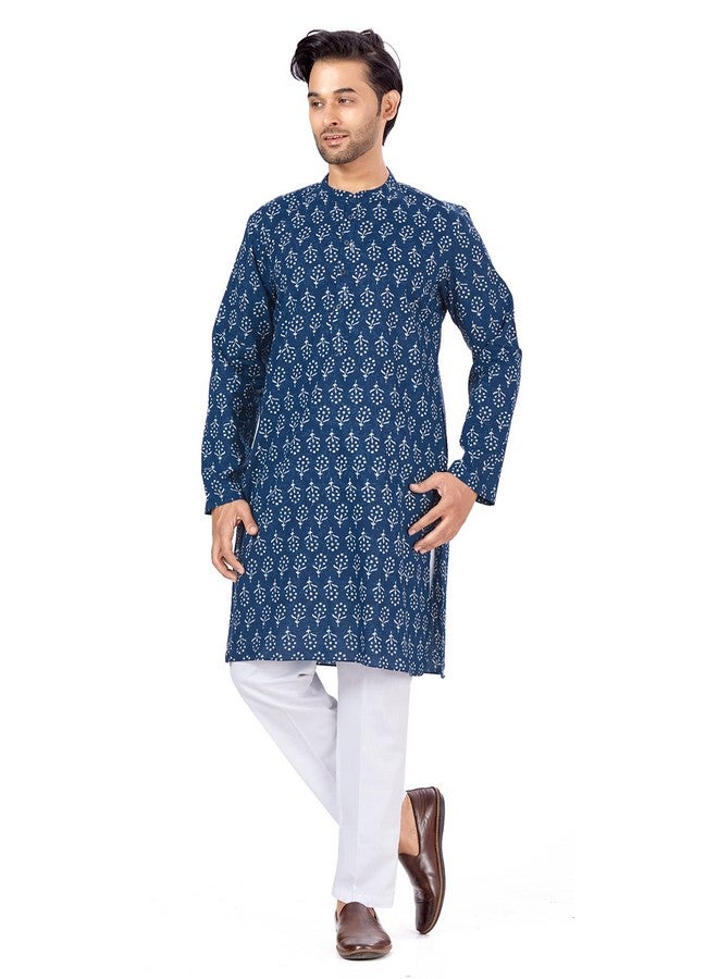 Studio Shringaar Men's Cotton Relaxed Fit Block Printed Knee Length Kurta(M121, Indigo Blue_Large) - Image 1