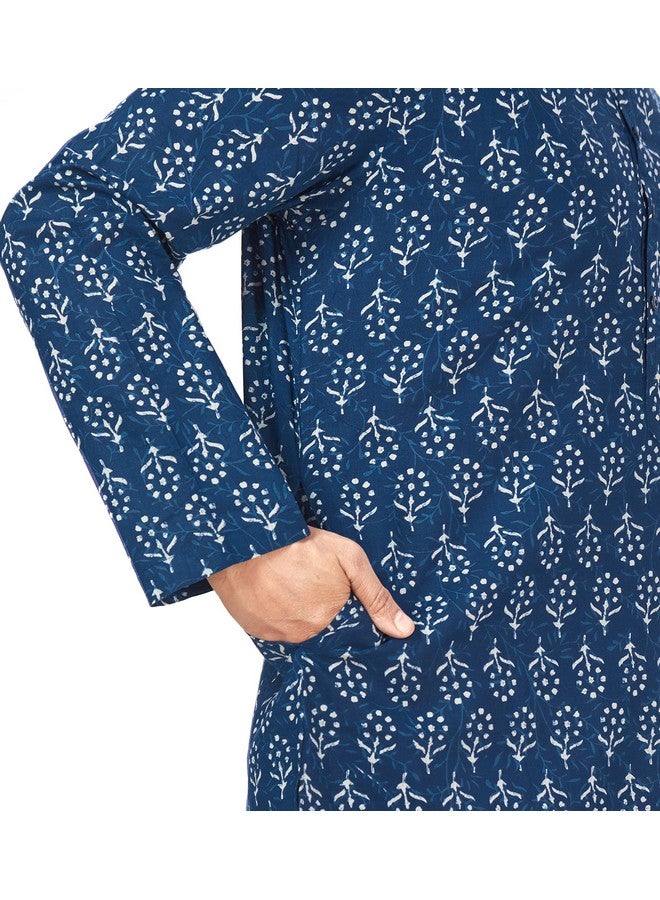 Studio Shringaar Men's Cotton Relaxed Fit Block Printed Knee Length Kurta(M121, Indigo Blue_Large) - Image 4