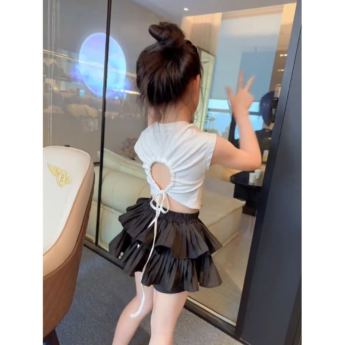 Female Babys Korean Style Fashionable Solid Color Cake Skirt suit Big Kids Summer New Stylish Backless Top Two-piece Set White top + black skirt