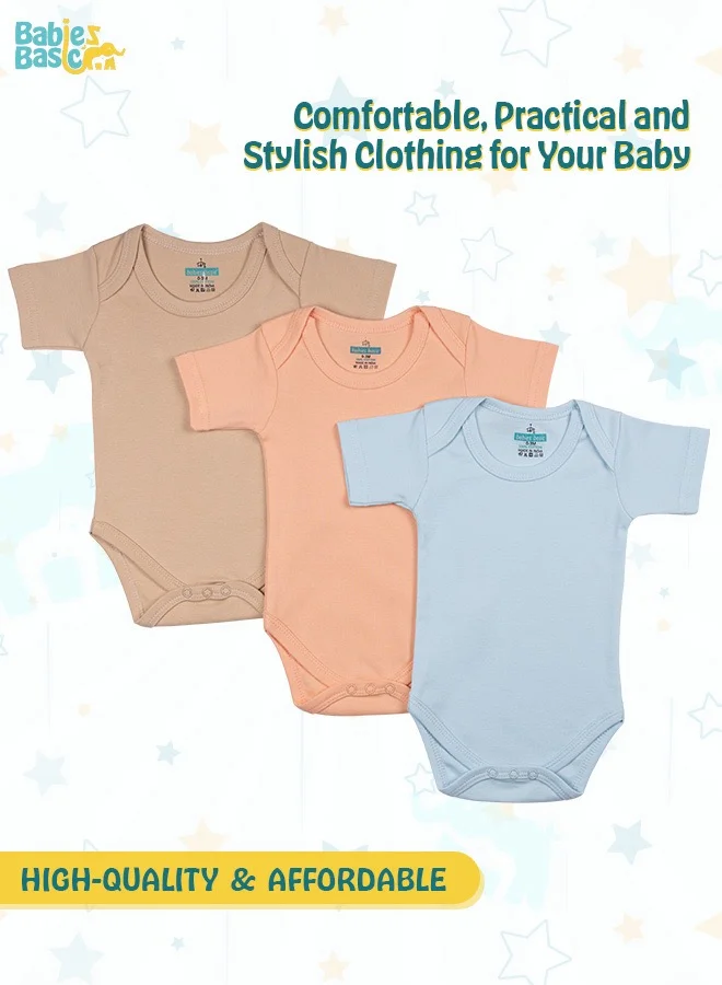 Babies Basic 100% Super Combed Cotton, Short Sleeves Romper/Bodysuit, For New Born To 24Months, Set Of 3 - Blue, Brown, Orange