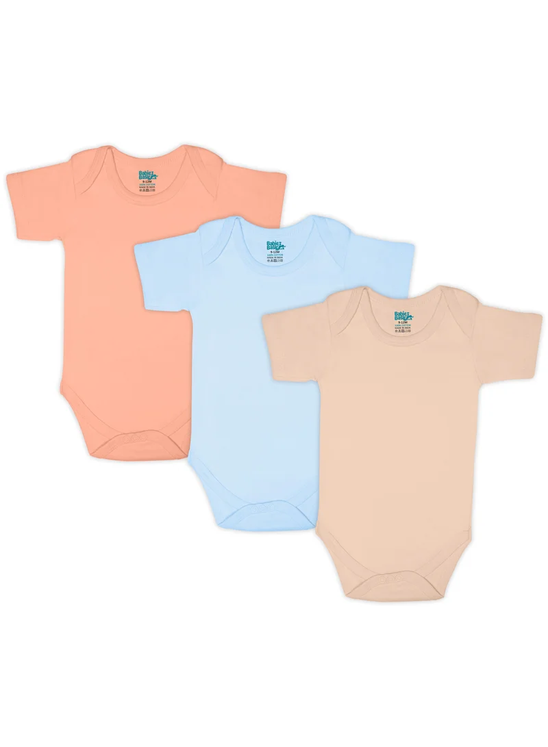 Babies Basic 100% Super Combed Cotton, Short Sleeves Romper/Bodysuit, For New Born To 24Months, Set Of 3 - Blue, Brown, Orange