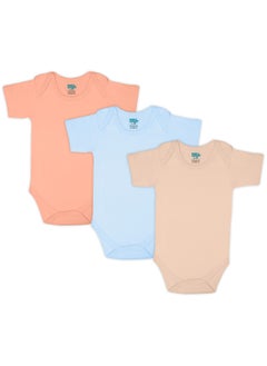 100% Super Combed Cotton, Short Sleeves Romper/Bodysuit, For New Born To 24Months, Set Of 3 - Blue, Brown, Orange