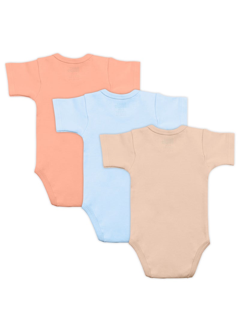 Babies Basic - 100% Super Combed Cotton, Short Sleeves Romper/Bodysuit, For New Born To 24Months, Set Of 3 - Blue, Brown, Orange - Image 1