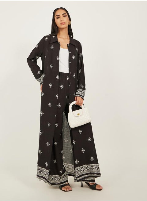 Placement Print Spread Buttoned Shirt and Wide Leg Pants Set