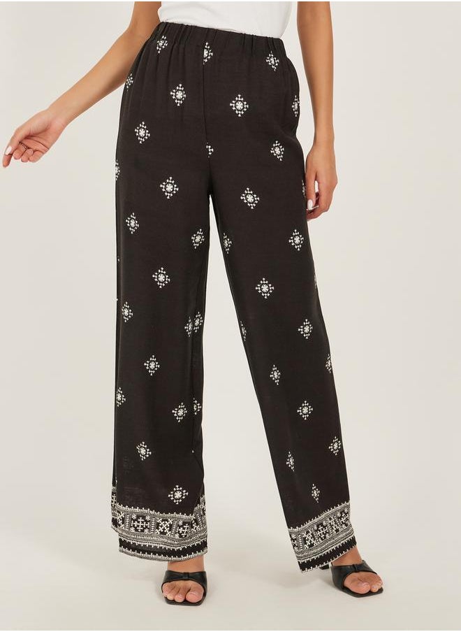 Placement Print Spread Buttoned Shirt and Wide Leg Pants Set